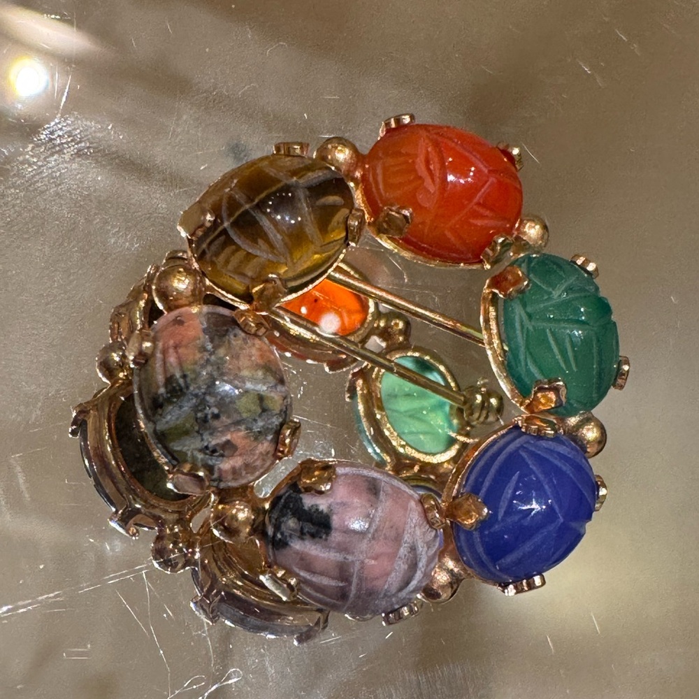 Vintage Burt Cassell Egyptian Revival Scarab Stone Gold Filled Broach Pin